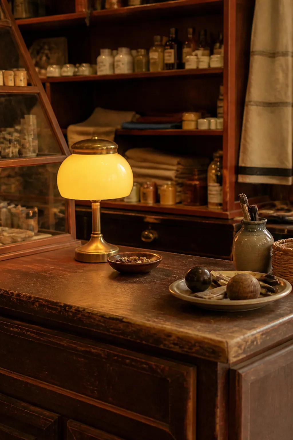 Détail vertical d’un comptoir avec lampe et objets du quotidien