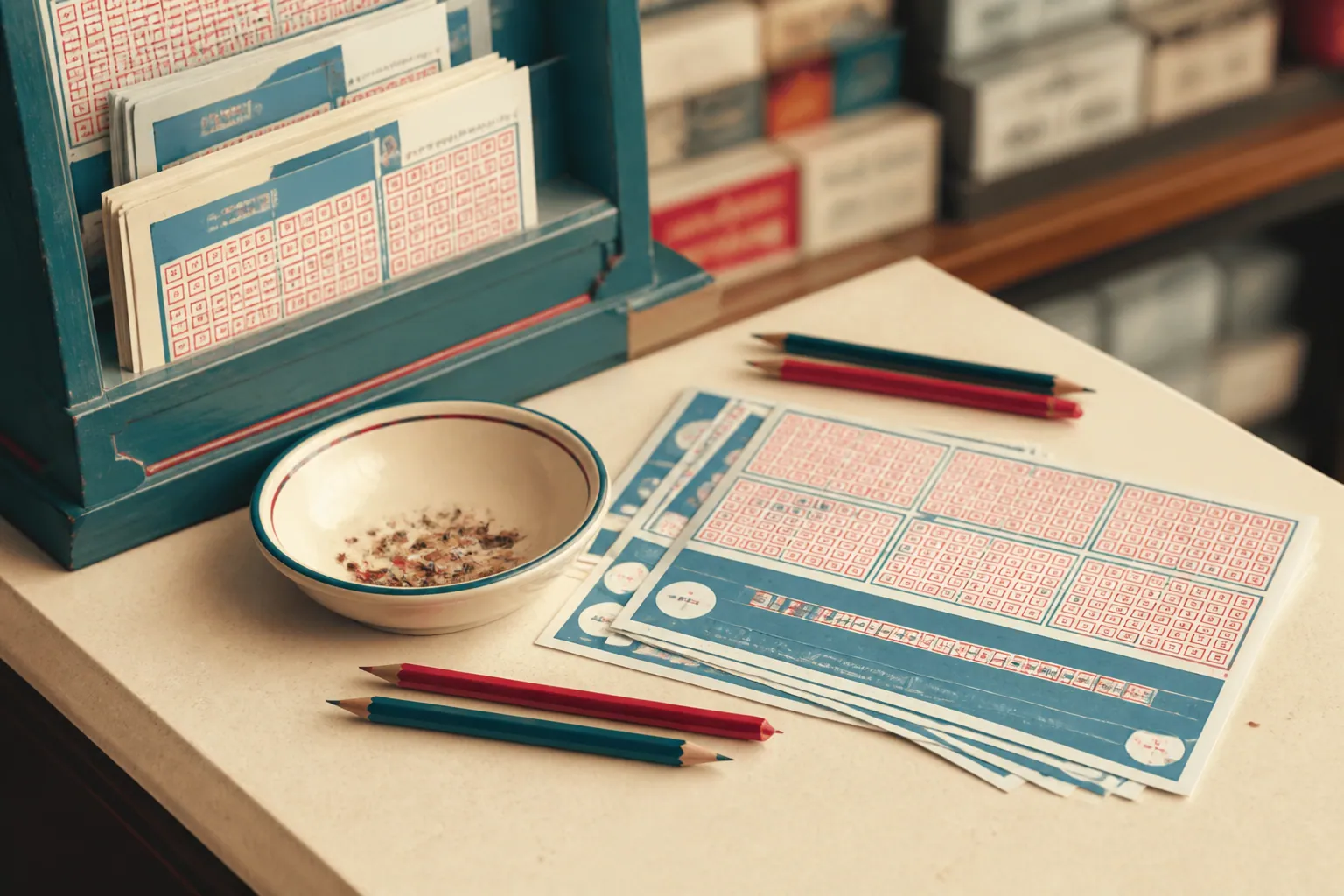 Bulletins de jeux et crayons disposés sur un comptoir