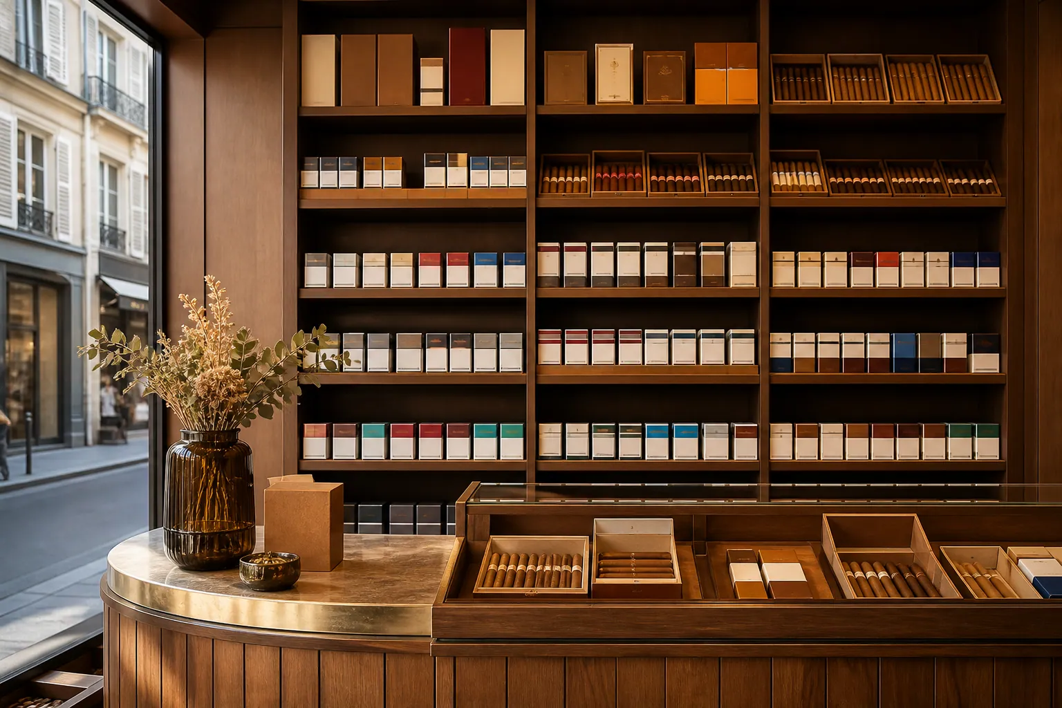 Espace tabac organisé derrière un comptoir en bois